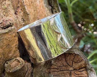 925 Sterling Silver Wide Wrap Over Ring, UK Size Q, Handmade Unique Chunky Textured Statement Band, Boho Festival Jewellery
