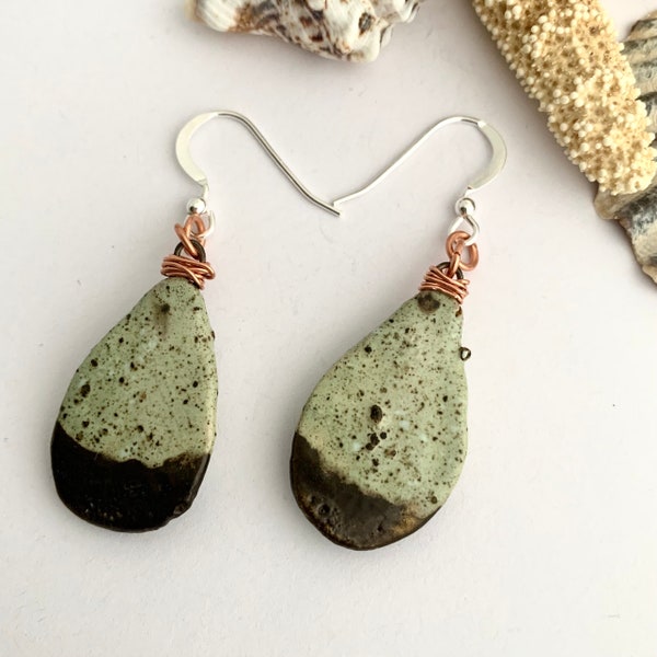 Green and Brown Ceramic Teardrop Dangle Earrings, Quirky Porcelain Unique Dangly Stone Earrings, Ladies OOAK Pottery Birthday Jewelry Gift