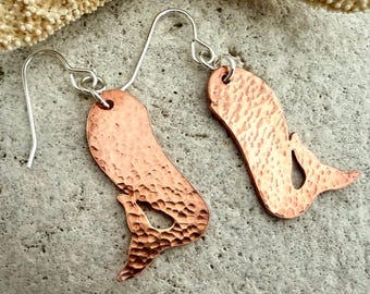 Hammered Copper Whale Drop Earrings, Mixed Metal Sea Themed Ocean Jewellery, Beaten Fish Dangle Drops Her, 7th Wedding Anniversary Gift Wife