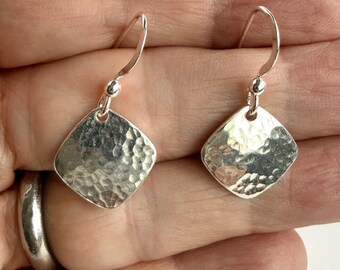 Little Hammered 925 Sterling Silver Square Drop Earrings, Textured Geometric Dangle Drops, Small Birthday Anniversary Her, Teenage Girl Gift