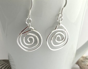 925 Sterling Silver Spiral Dangly Earrings, Hammered Celtic Coil Dangle Drops, Delicate Minimalist 25th Anniversary Gift, Birthday Gift Her