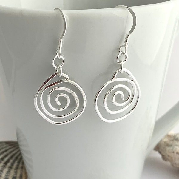 925 Sterling Silver Spiral Dangly Earrings, Hammered Celtic Coil Dangle Drops, Delicate Minimalist 25th Anniversary Gift, Birthday Gift Her