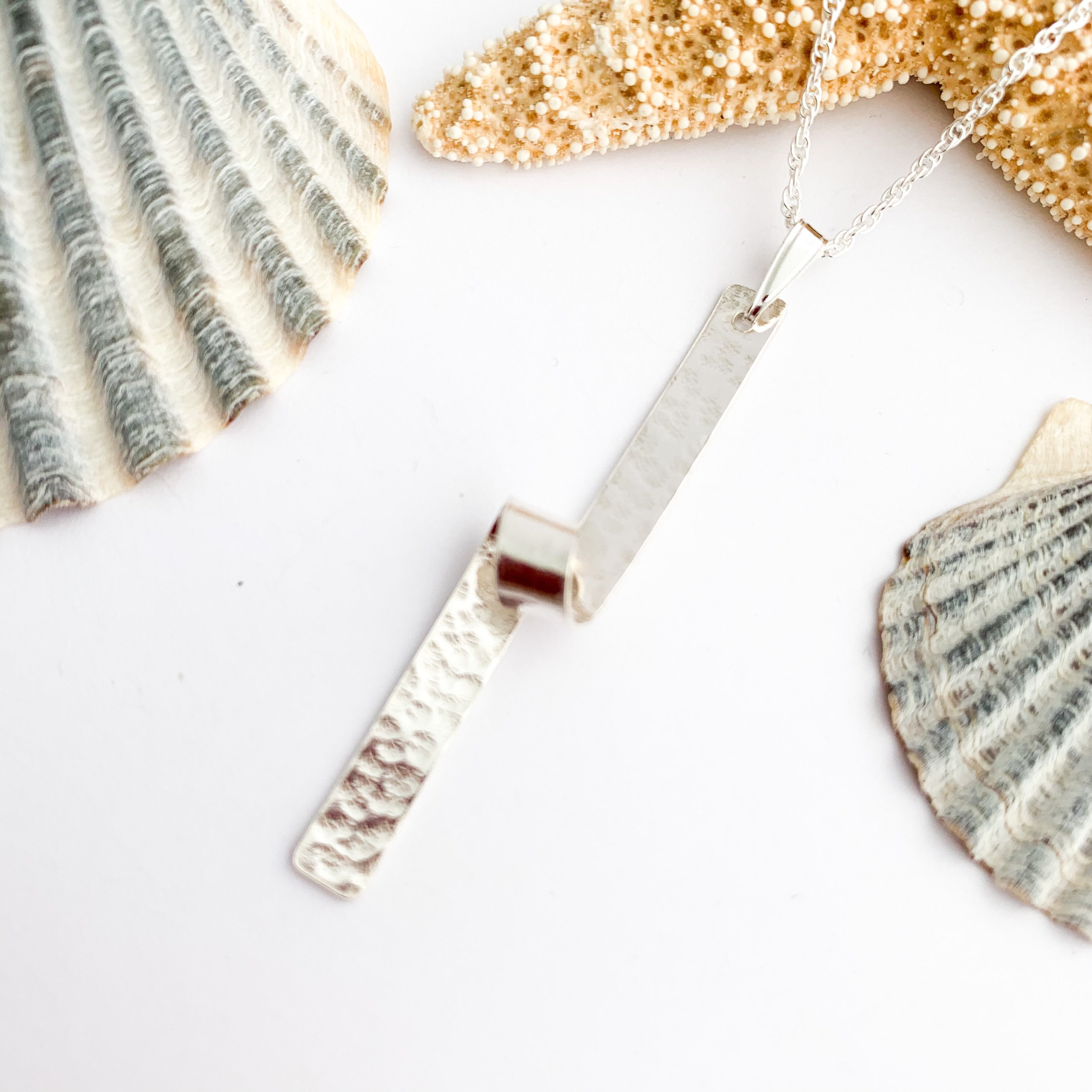 Sterling Silver Long Bar Necklace Pendant Delicate Everyday Minimal Necklace Handmade Jewelry Hammered Textured Necklace for Women