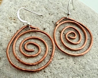 Hammered Copper Spiral Circle Earrings, Handmade Rustic Textured Viking Norse Jewellery, Celtic Bronze Dangle Drops, 7th Anniversary Gift