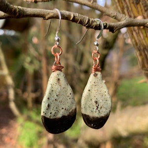 Green and Brown Ceramic Teardrop Dangle Earrings, Quirky Porcelain Unique Dangly Stone Earrings, Ladies OOAK Pottery Birthday Jewelry Gift image 2