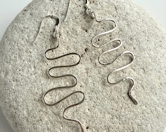 Textured 925 Sterling Silver Wavy Spiral Drop Earrings, Unique Handmade Hammered Dangle Drops, Organic Boho Birthday Anniversary Gift Her