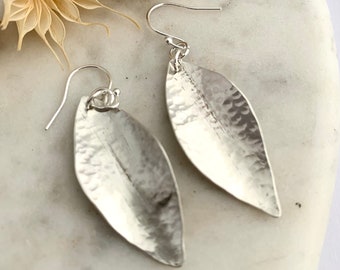 Hammered Hand Forged 925 Sterling Silver Dangle Leaf Earrings, Handmade Fold Formed Dangle Woodland Dangly Drops, Nature Inspired Gift