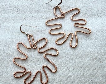 Large Boho Copper Wire Leaf Dangle Earrings, Bohemian 7th Wedding Anniversary Wife, Rustic Handmade Unique Boho Nature Gift