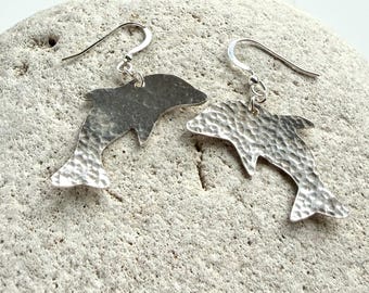 Hammered 925 Sterling Silver Dolphin Drop Earrings, Boho Ocean Nature Lover Gift, Coastal Animal Birthday Her, 25th Wedding Anniversary Wife