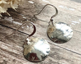 Sterling Silver Circle Dangle Lace Pattern Earrings, Ladies Handmade Textured Dangly Disc Drops, Anniversary Birthday Jewelry Gift for Her