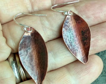 Handmade Oxidised Copper Leaf Dangle Earrings, Fold Formed Aged Copper Nature Birthday Gift, Mixed Metal Woodland Jewellery, 7th Anniversary
