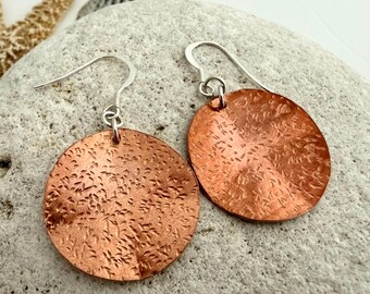 Hammered Large Circle Copper Earrings, Rustic Boho Textured Round Disc Coppery Dangle Drops, Oversized Handmade Beaten Bohemian Jewellery