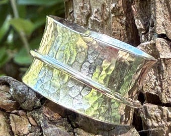Wide 925 Sterling Silver Hammered Spinner Fidget Ring, Boho Meditation Spinning Band, UK Size S, Handmade Anxiety Chunky Statement Jewellery