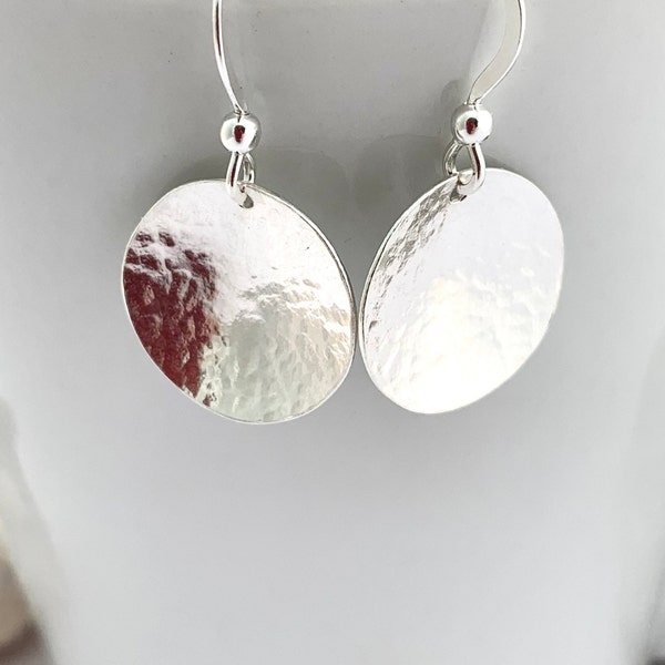 925 Sterling Silver Dangle Disc Earrings, Domed Concave Dimpled Textured Drop Circle Earrings, Ladies Birthday Anniversary Earring Gift