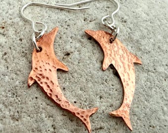 Hammered Copper Dolphin Dangle Earrings, Ocean Sea Themed Jewellery, Boho Fish Nature Dangly Drops, Rustic 7th Wedding Anniversary Gift Wife