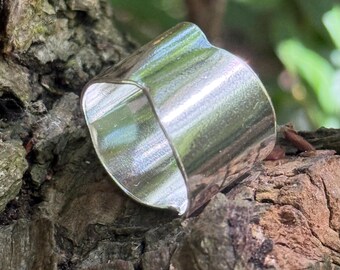 925 Sterling Silver Wide Plain Ring With Wavy Edge, UK Size N, Handmade Unique Chunky Statement Band, Boho Festival Jewellery