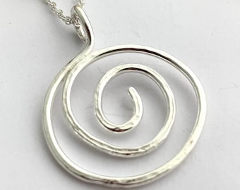 Artisan 925 Sterling Silver Spiral Pendant, Handmade Circle Swirl Necklace Birthday Gift Her, Hammered 25th Wedding Anniversary Gift Wife,