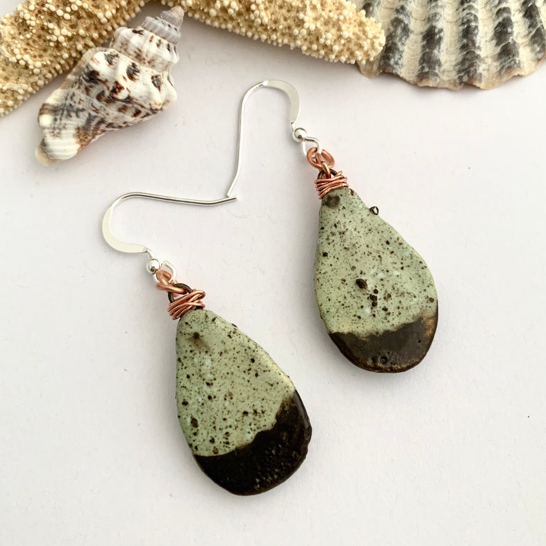 Green and Brown Ceramic Teardrop Dangle Earrings, Quirky Porcelain Unique Dangly Stone Earrings, Ladies OOAK Pottery Birthday Jewelry Gift image 4