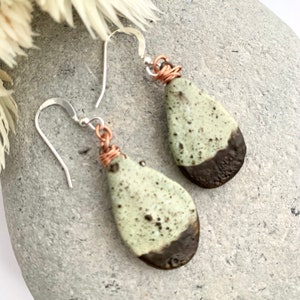 Green and Brown Ceramic Teardrop Dangle Earrings, Quirky Porcelain Unique Dangly Stone Earrings, Ladies OOAK Pottery Birthday Jewelry Gift image 3