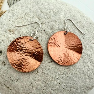 Hammered Large Circle Copper Earrings, Rustic Boho Textured Round Disc Coppery Dangle Drops, Oversized Handmade Beaten Bohemian Jewellery