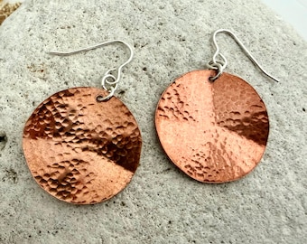 Hammered Large Circle Copper Earrings, Rustic Boho Textured Round Disc Coppery Dangle Drops, Oversized Handmade Beaten Bohemian Jewellery