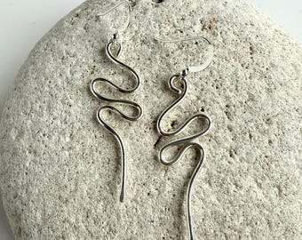 Long 925 Sterling Silver Snake Dangle Earrings, Smooth Polished Finish, Wavy Spiral Dangly Drops, Bohemian Birthday Anniversary Gift Her