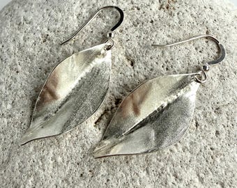 Brushed Satin 925 Sterling Silver Leaf Dangle Drop Earrings, Textured Nature Lover Organic Dangly Drops, Handmade Birthday Anniversary Gift