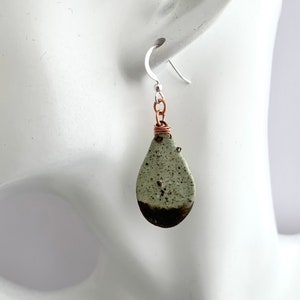 Green and Brown Ceramic Teardrop Dangle Earrings, Quirky Porcelain Unique Dangly Stone Earrings, Ladies OOAK Pottery Birthday Jewelry Gift image 6