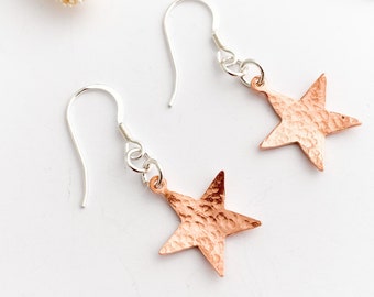 Little Rustic Hammered Copper Star Dangle Earrings, Handmade 7th Copper Wedding Anniversary Gift Wife, Celestial Earring Birthday Gift Her