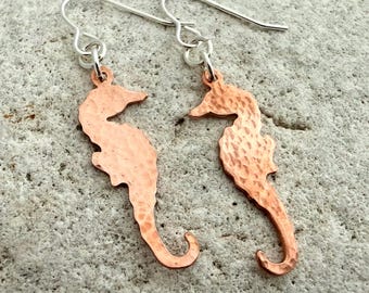 Hammered Seahorse Copper Drop Earrings, Little Sea Lover Ocean Gift, Themed Fish Jewellery, Boho Rustic 7th Wedding Anniversary Wife