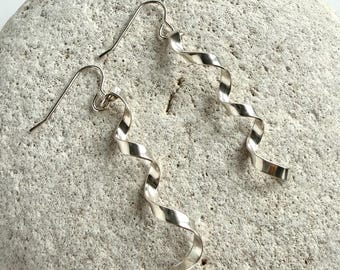Long 925 Sterling Silver Spiral Corkscrew Dangle Earrings with a Smooth Finish, Birthday Wedding Anniversary Gift, Bohemian Dangly Drops