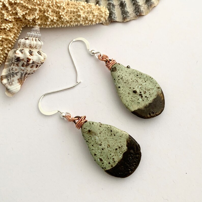 Green and Brown Ceramic Teardrop Dangle Earrings, Quirky Porcelain Unique Dangly Stone Earrings, Ladies OOAK Pottery Birthday Jewelry Gift image 5