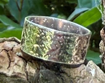 925 Sterling Silver Wide Hammered Textured Ring, UK Size P, Handmade Unique Patterned Statement Band, Rustic Boho Festival Jewellery