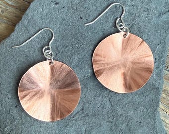 Line Textured Large Copper Circle Disc Earrings, Over Sized bronze Earthy Dangly Drops, 7th Copper Anniversary Gift Wife, Earthy Jewellery