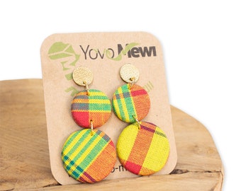 Madras earrings, double round, Madras fabric, yellow orange, Madras jewelry n.191