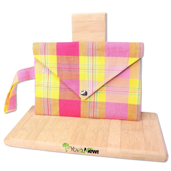 Pochette  de soirée en tissu madras  et coton noir  | Accessoires soirée mariage  | Tissu madras jaune rose