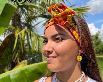 Bandeau cheveux tissu madras / Turban rigide / Headband ajustable en wax / accessoire cheveux  /  Jaune rouge n.4