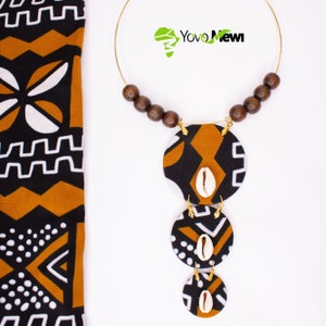 Choker pendant necklace in bogolan wax fabric plus cowrie shells