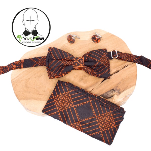 Ensemble Nœud papillon + Pochette de costume + boutons de manchettes, tissu wax kenté, accessoire de Mariage, cérémonie noir orange n.16
