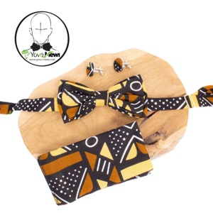 Bow tie + pocket square + cufflinks set, bogolan wax fabric, wedding accessory, ceremony, n.15