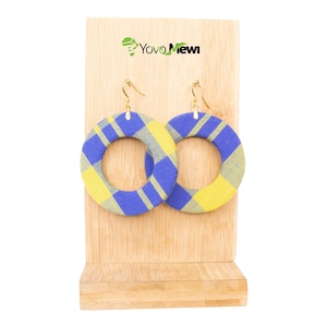 Creole earrings, madras fabric, round shape, blue, yellow, madras jewelry n.174