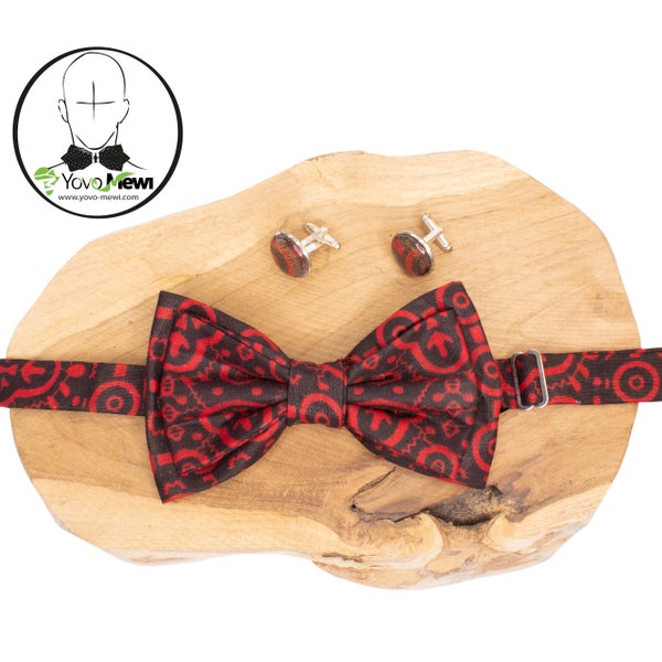 Ensemble Nœud papillon + boutons de manchettes ,tissu wax rouge et noir / accessoire de Mariage / cérémonie /n 1