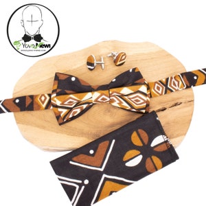 Bow tie, pocket square and cufflinks set, bogolan wax fabric, wedding accessory, ceremony, n.2