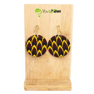 Ohrringe aus Wax-Stoff, runde Form, Fischschuppenstoff, schwarz-gelber Wax-Schmuck Nr. 98