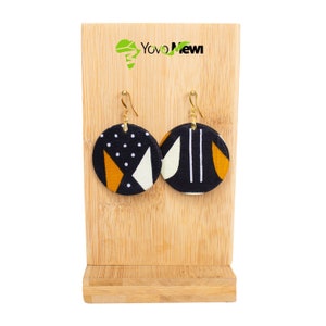 Wax fabric earrings round shape bogolan fabric, wax jewelry n.35