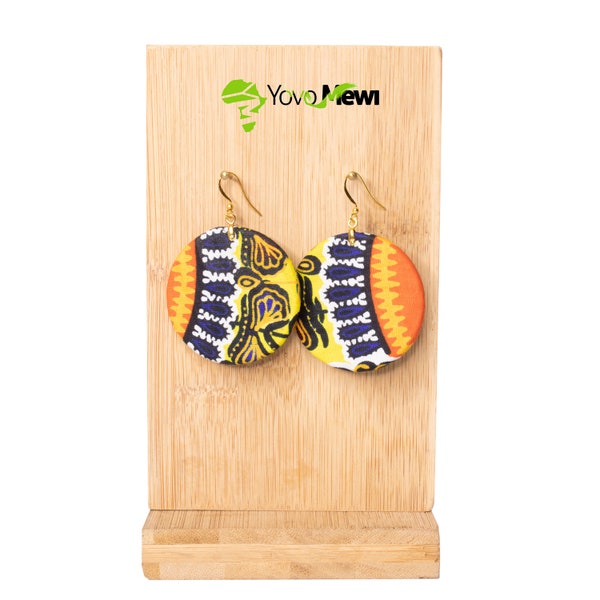 Boucles d'oreilles  en tissu Wax  tissu Dashiki,  forme ronde bijoux wax  jaune bleu,  n. 114