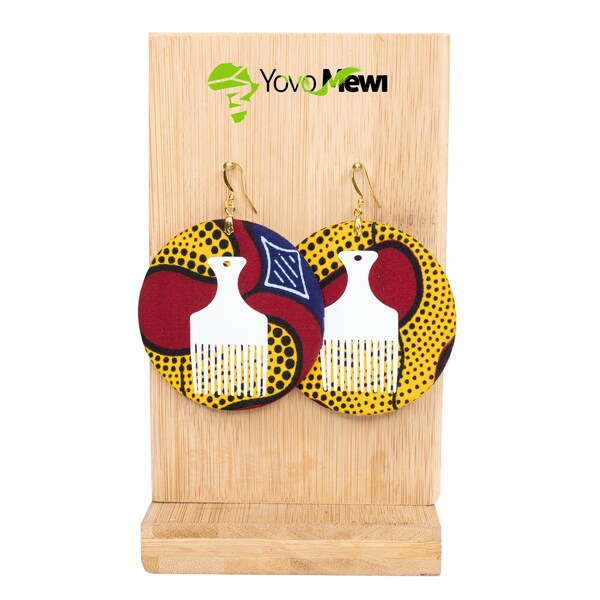 Boucles d'oreilles  wax flocage peigne afro  tissu  Wax jaune rouge forme ronde, bijoux wax   n.137