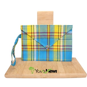 Evening clutch in black madras fabric and cotton | Wedding evening accessories | Yellow blue madras fabric | madras accessory