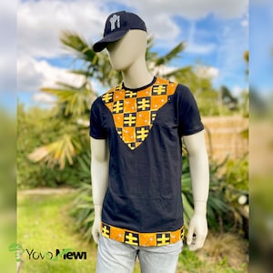 Bogolan wax t-shirt, straight cut, bogolan wax fabric with cowries / black t-shirt n 13