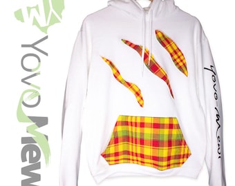 May include: White hoodie with a red, yellow, and green plaid pocket and three plaid patches on the front. The text "Yoyo-Mew" is printed on the right sleeve.
